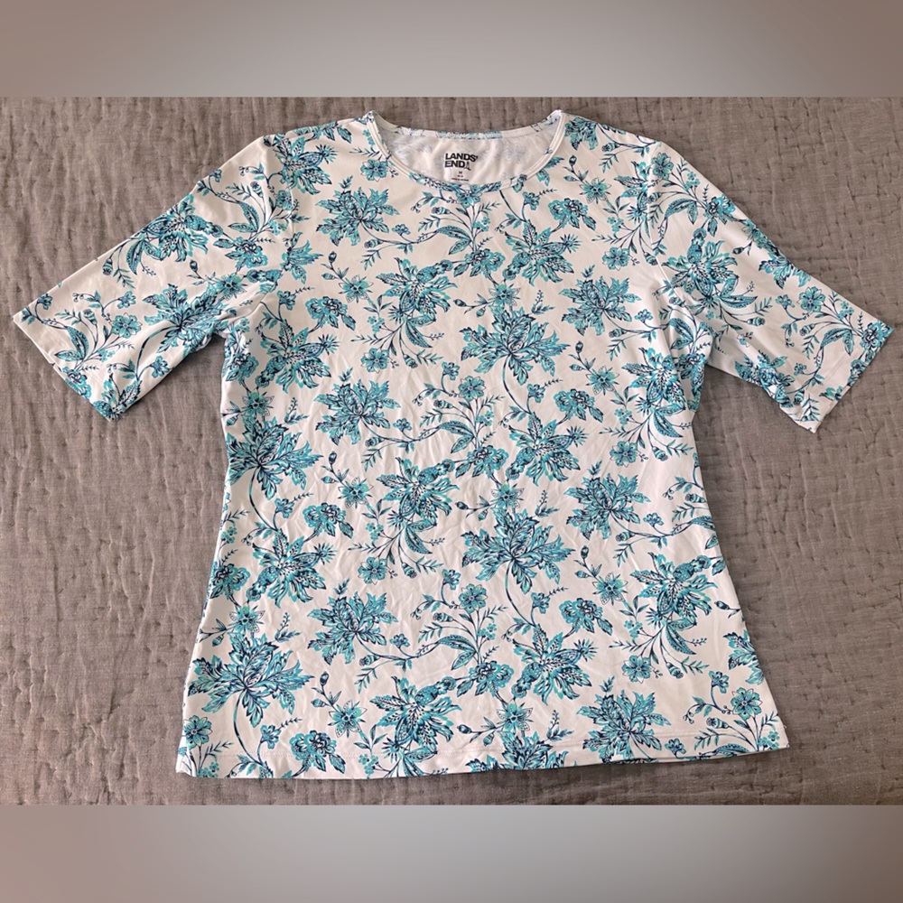 Lands' End Women's Short Sleeve Floral Sun Tee Teal White UPF 50+ Nylon